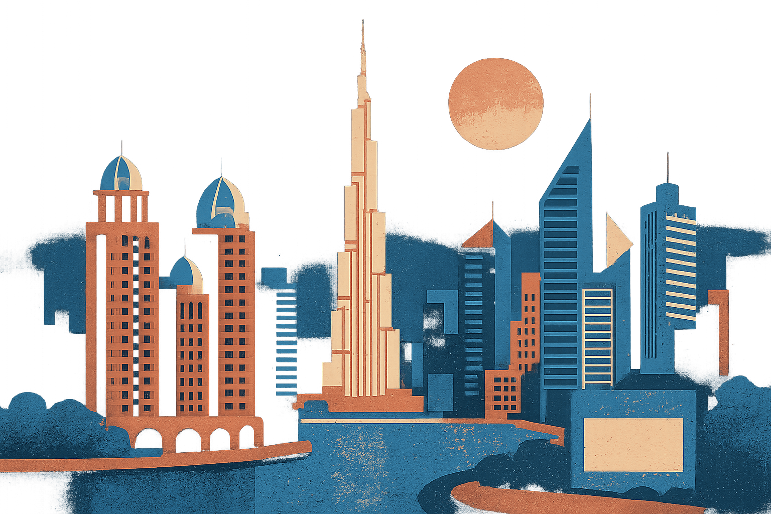 Modern flat illustration of Dubai skyline at dusk with Marina towers and Burj Khalifa, deep navy bac